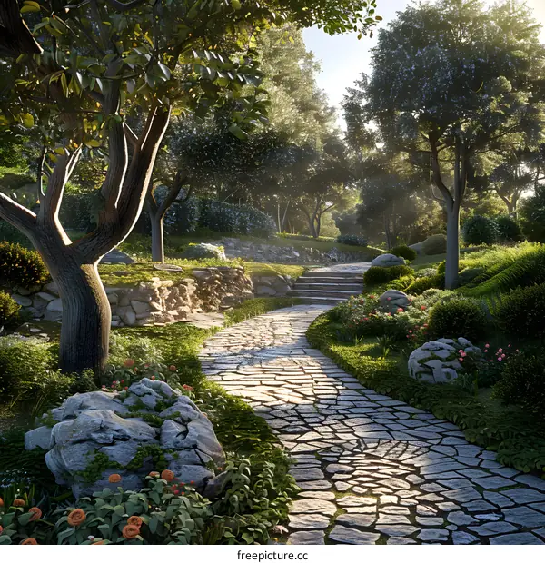 The stone path in the quiet park