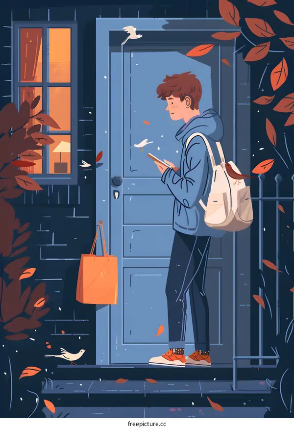 Young Man Standing By Door in Autumn