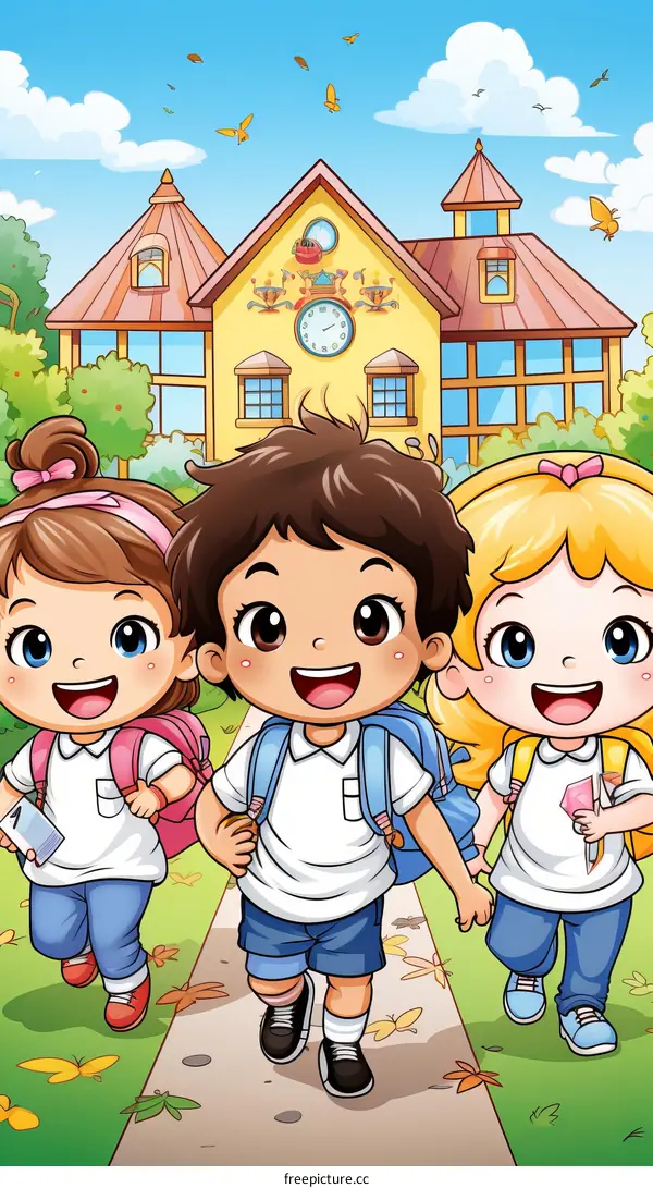 Three happy children holding hands and walking to school