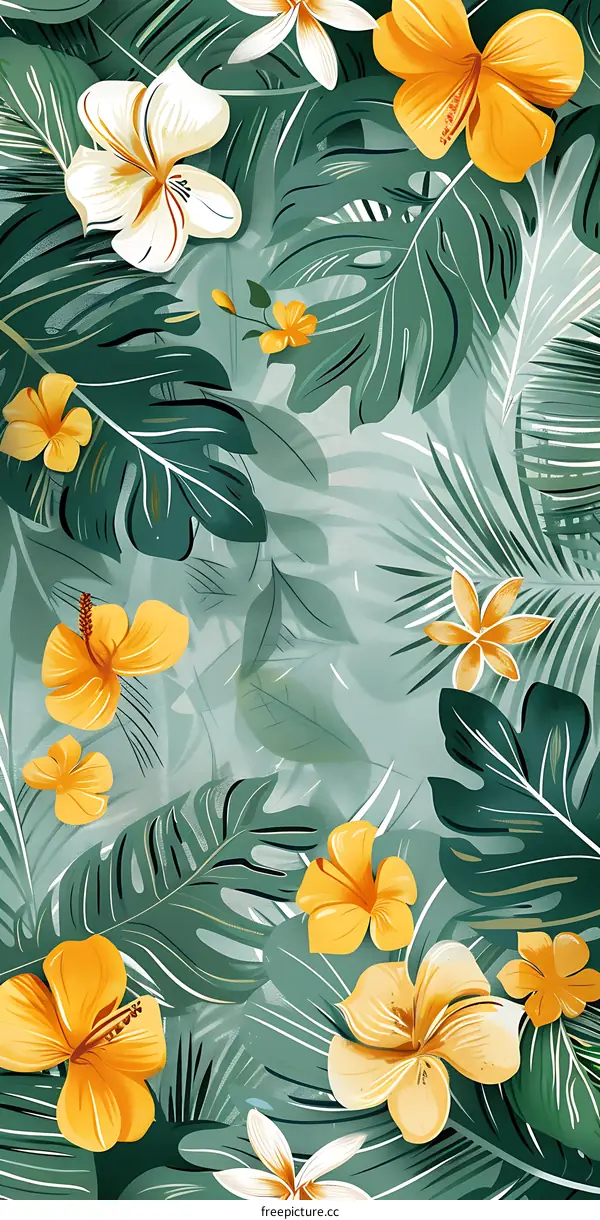 Tropical Floral Pattern with Green Leaves