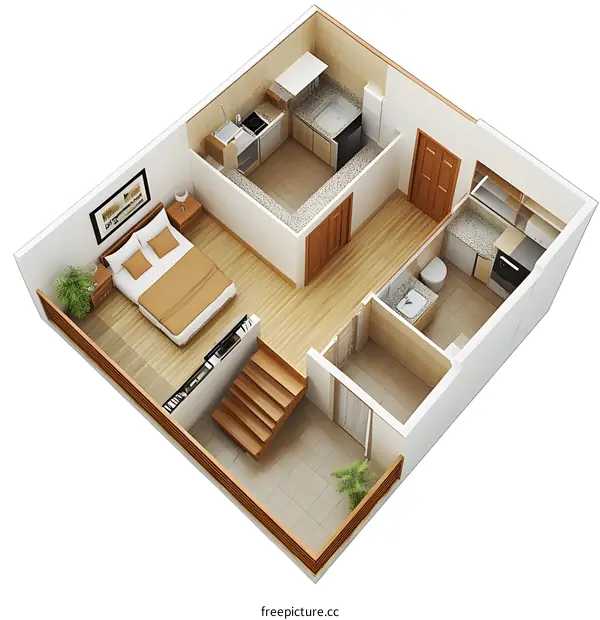 3D Floor Plan of Modern Apartment with Kitchen and Bathroom