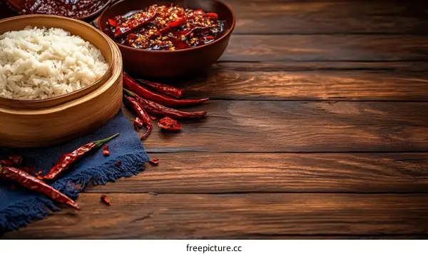 Steamed Rice with Chili Sauce on Wooden Table