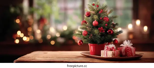 Christmas Miniature Tree with Gifts on Wooden Table