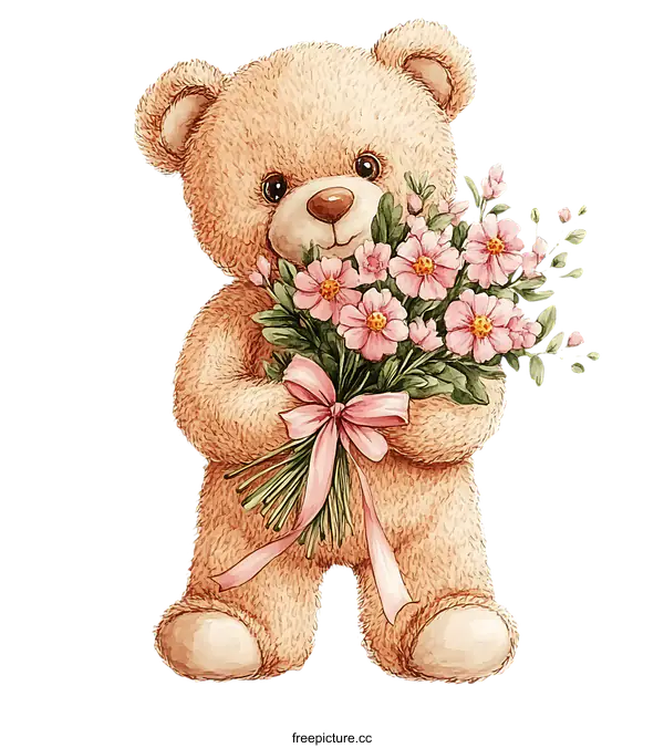 [Transparent Background PNG]Adorable Teddy Bear with a Bouquet of Flowers
