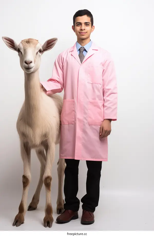 Young male scientist wearing a lab coat standing with a goat