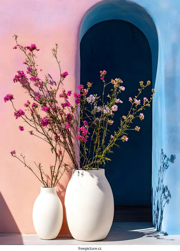 Pink and Blue Wall with White Vases and Flowers