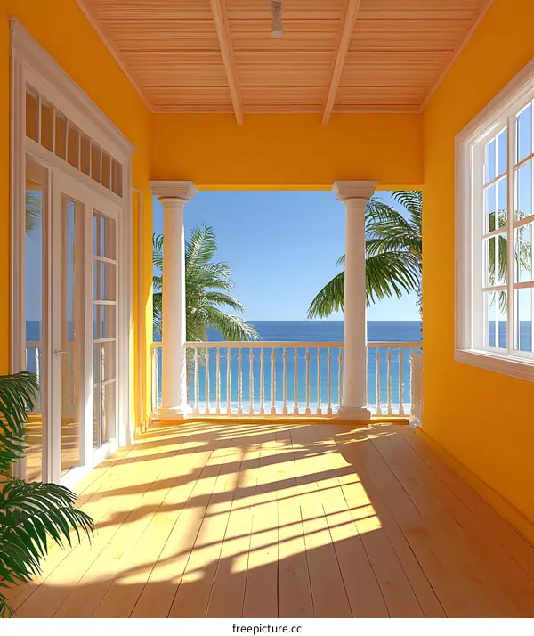Yellow Balcony with Ocean View and Palm Trees