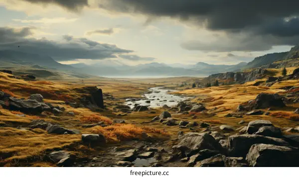 rocks and river in a valley with mountains in the distance