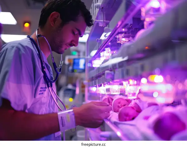 Middle Eastern doctor examining a newborn baby in an incubator