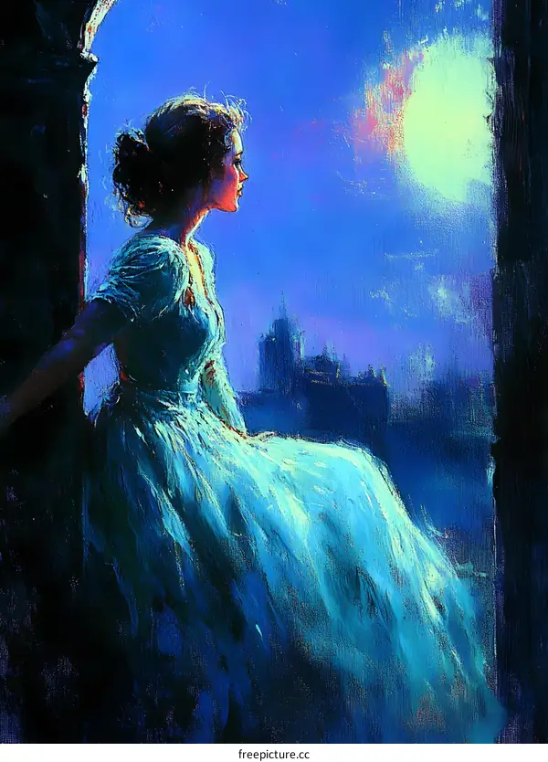 Woman in Blue Dress Under the Moonlight Looking at the City