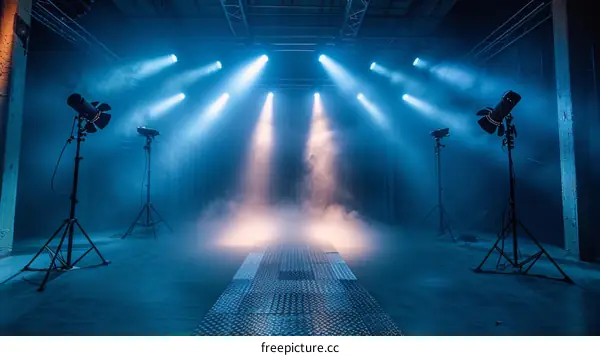 Empty stage with blue and orange lights and spotlights