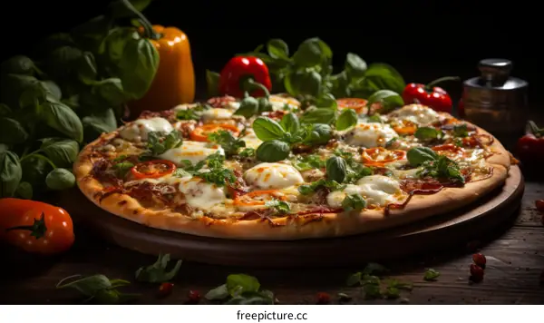A delicious pizza with melted cheese, tomatoes, and basil