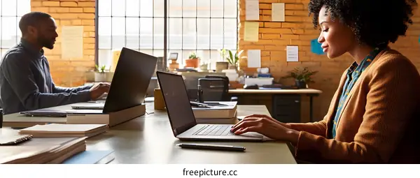African American and Black Woman Working on Laptops in Modern Office