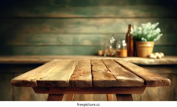 Rustic Wooden Table Top with Bokeh Background