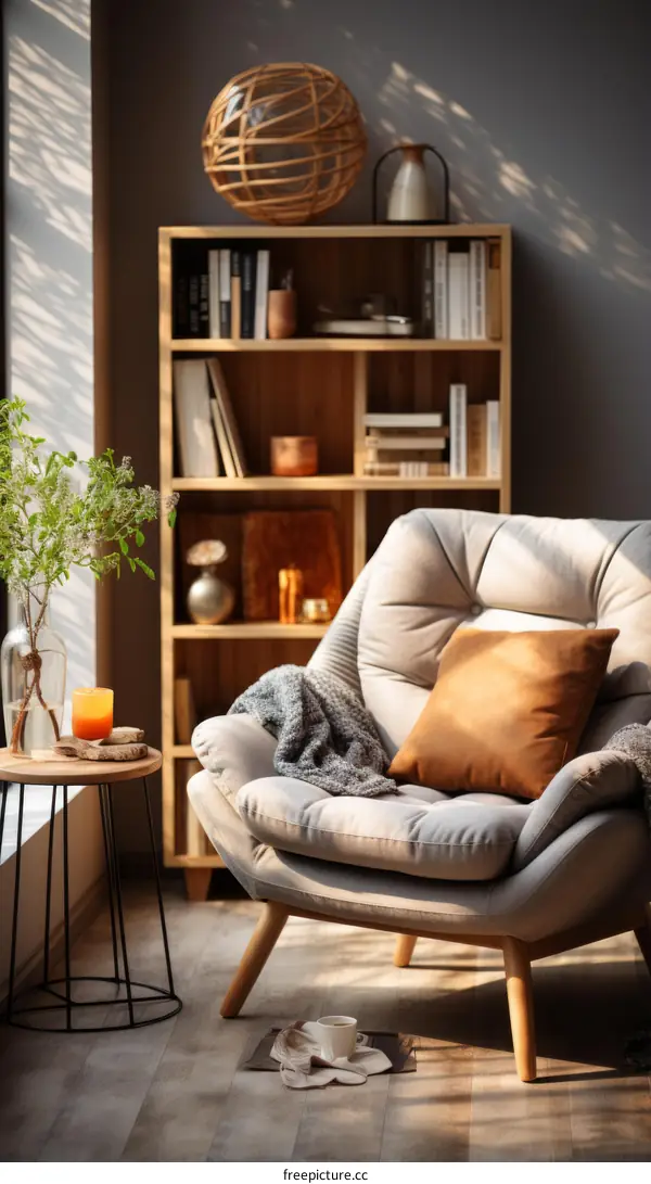 Cozy Reading Nook with Armchair, Table, and Flowers