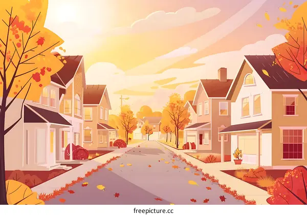 Autumn Street with Fall Foliage and Cozy Houses