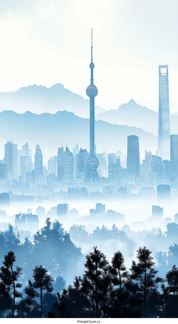 Misty Cityscape with Forest Silhouette