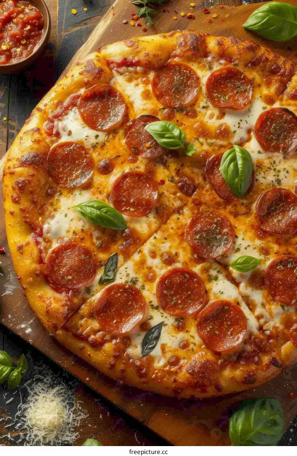 Delectable Pepperoni Pizza on a Wooden Table Adorned with Basil Leaves