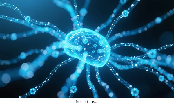 Neural Network Structure with Glowing Connections and Cell Bodies