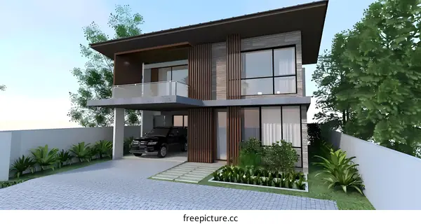 Modern House Design with Stone and Wood Facade