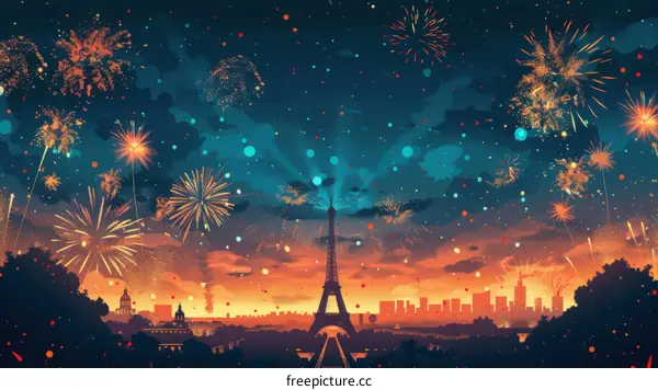 Fireworks Lighting Up the Eiffel Tower