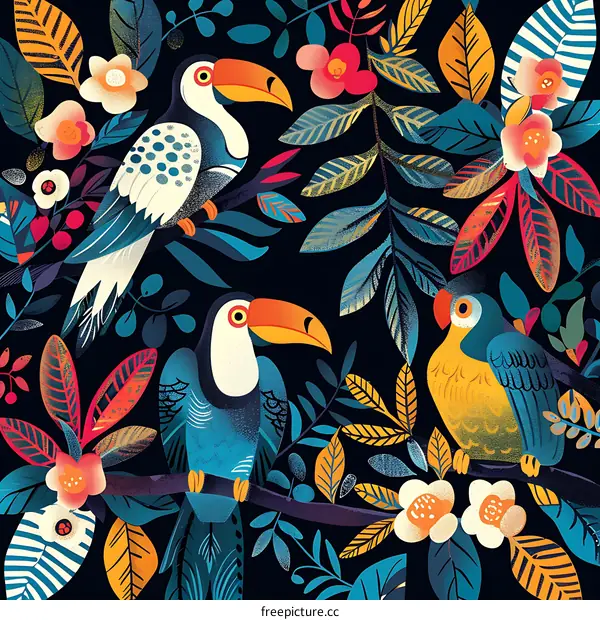 Tropical Toucans and Parrot with Flowers