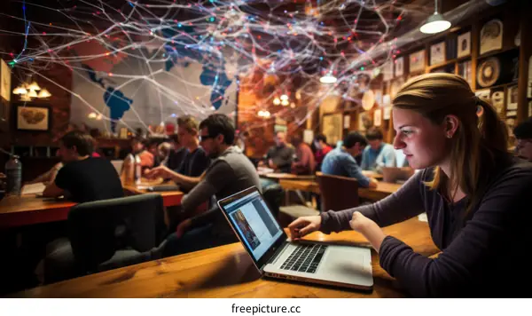 A woman using laptop in a cafe with fairy lights