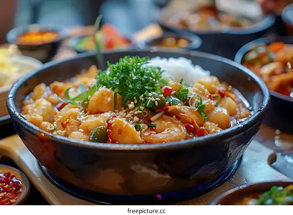 A delicious bowl of Korean food with rice, shrimp, and vegetables