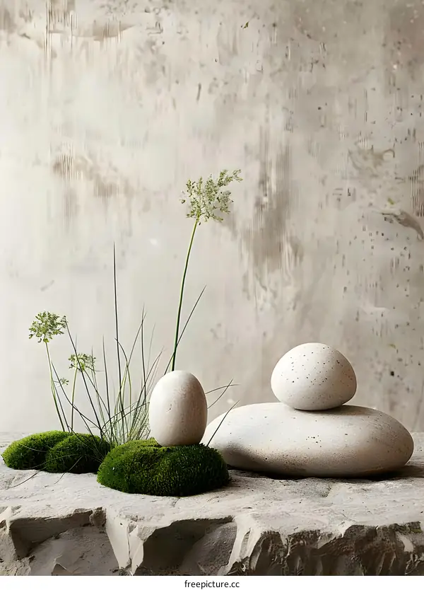 Zen Stones with Greenery on a Stone Surface