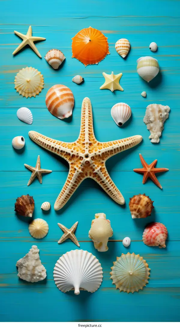 Colorful Seashells Arranged on a Blue Wooden Background