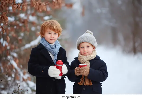 Two little boys holding hot drinks in winter forest