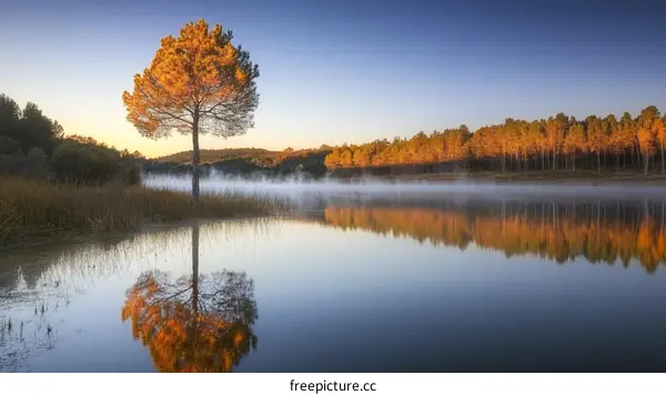 Autumnal Sunrise over a Calm Lake with a Majestic Pine Tree
