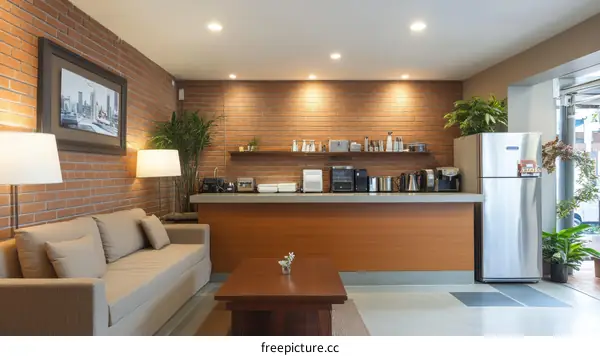 Modern Office Break Room with Brick Wall