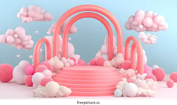 Pink Abstract Background with 3D Shapes and Clouds