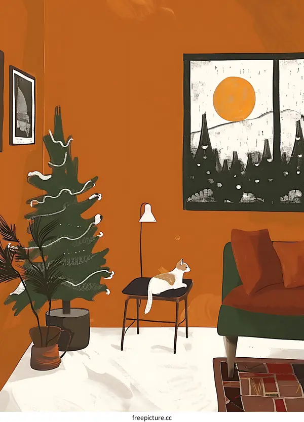 Cozy Home Interior Illustration With Christmas Tree And Cat