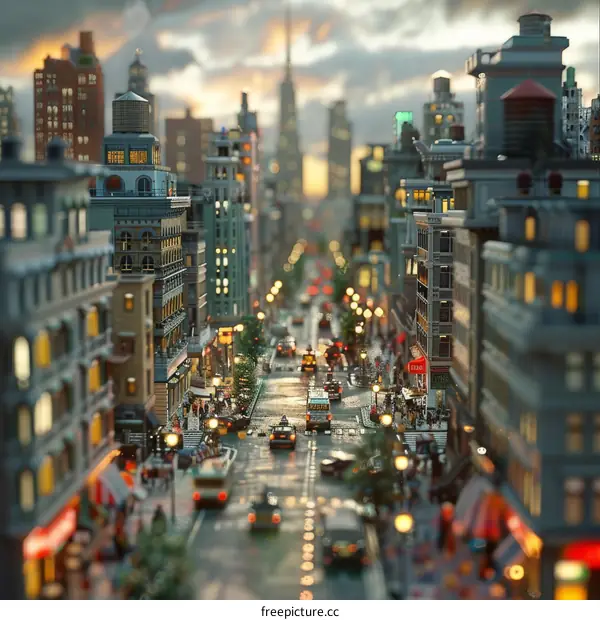 Miniature City Street Scene at Dusk