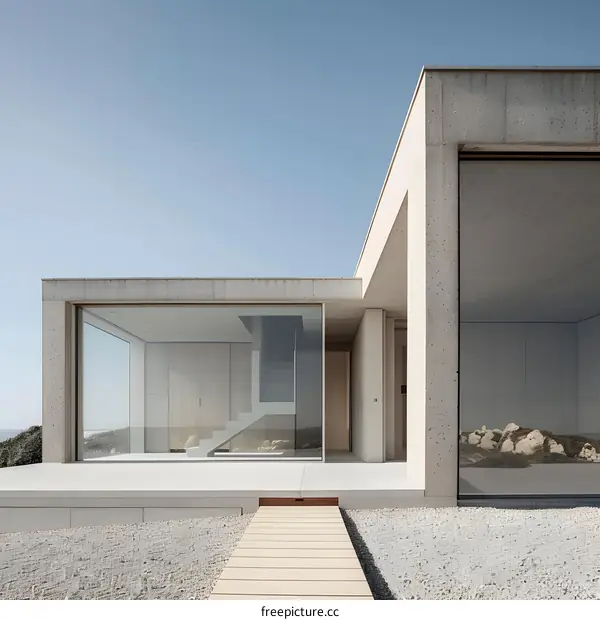 Modern Concrete House With Glass Doors and Pathway