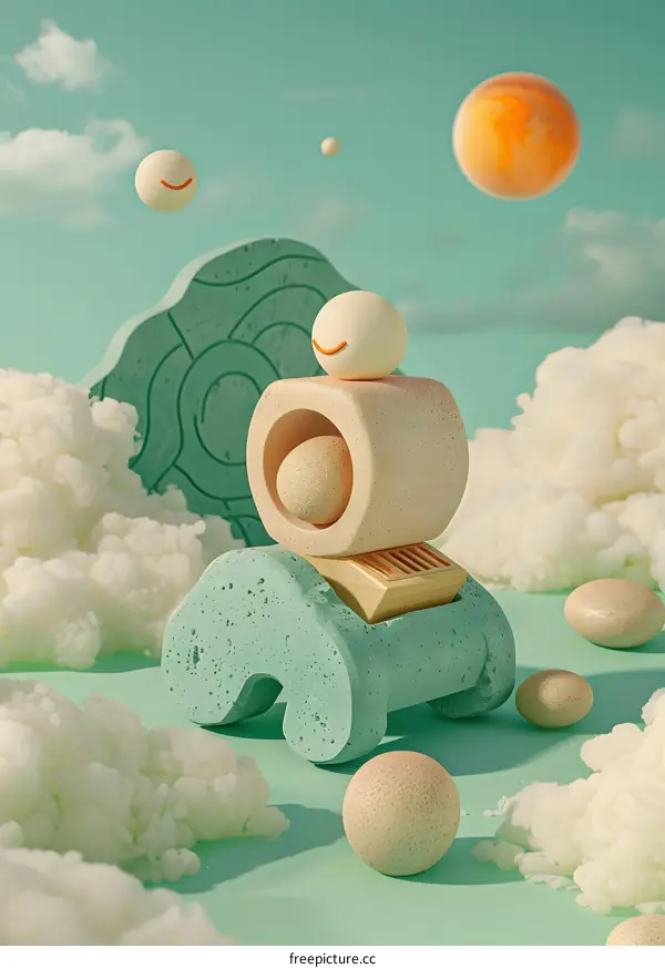 Abstract 3D Render of Objects on Clouds