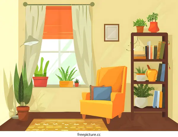 Cozy Living Room Interior Design Illustration with Orange Armchair and Bookshelf