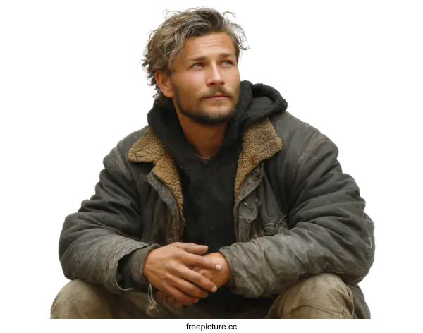 [Transparent Background PNG]Caucasian Man Outdoors in Worn Clothing