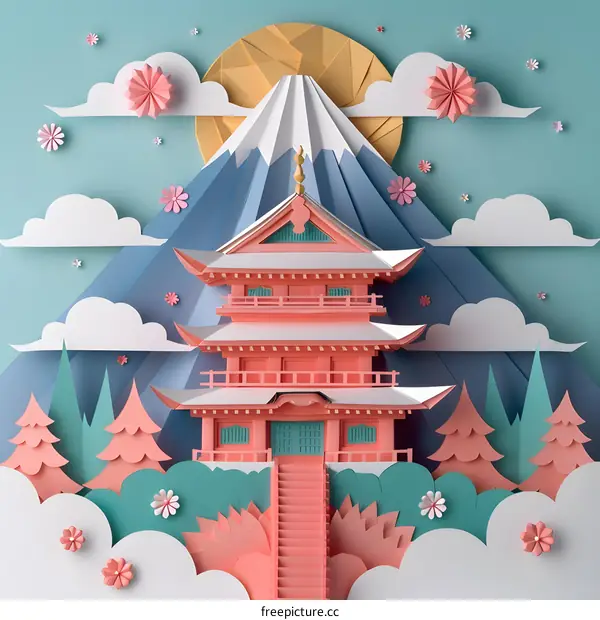 Pink paper cut Japanese temple with peach blossom and blue clouds