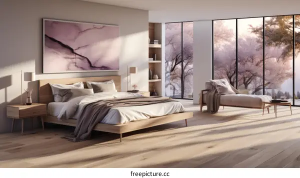 Tranquil Bedroom with Cherry Blossom View and Chaise Lounge
