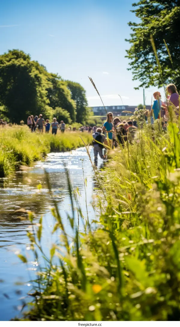 People walking through a river in a park