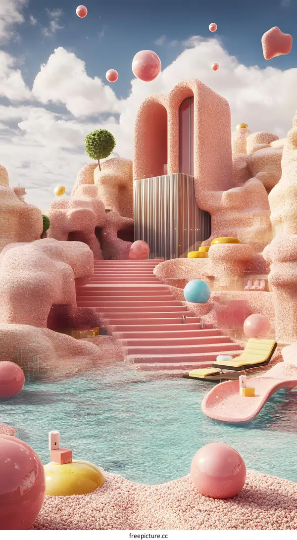 Surreal Pink Architecture with Floating Balls and Pool