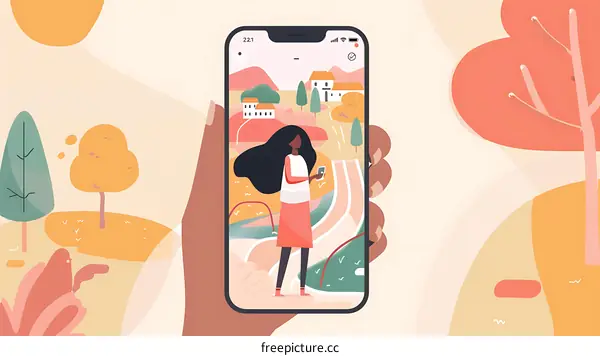 Woman Using Smartphone App with Beautiful Nature Background