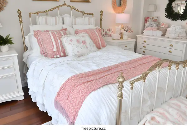 White and Pink Bedroom Decor with Gold Bed Frame