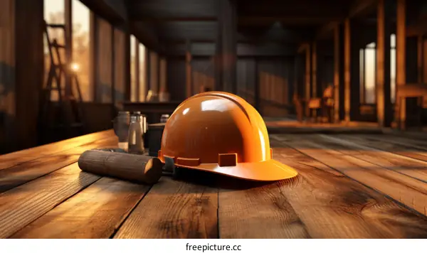An orange hard hat sits on a wooden table in a carpentry shop.