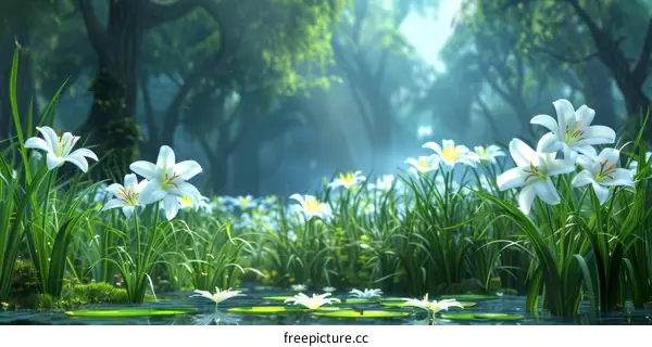 White Lilies in a Misty Forest with a Pond