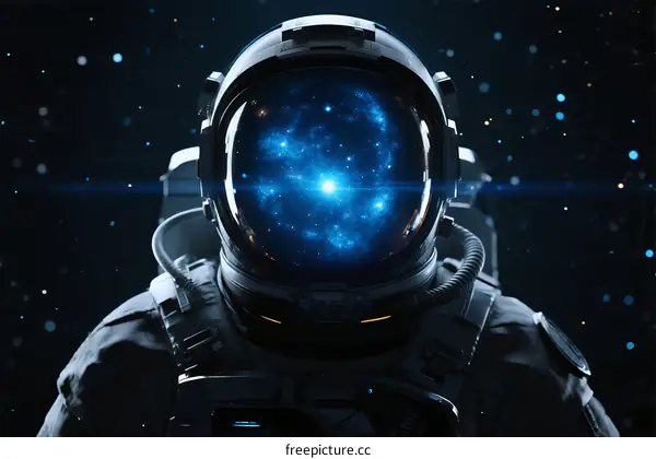 Astronaut in Space Wearing Helmet with Starry Galaxy Reflection