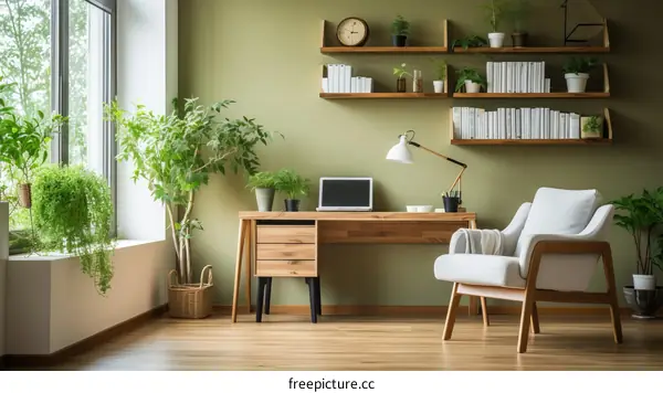 A Home Office with a Green Accent Wall and Natural Light